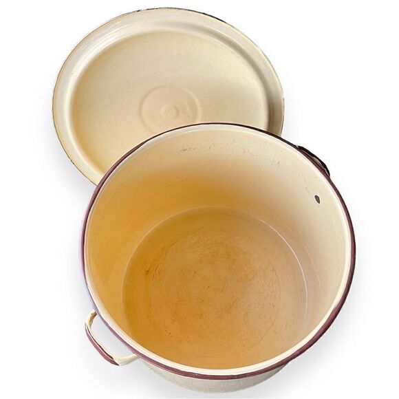 Vintage Pale Yellow Brown Trim Enamelware Large Stock Pot 12” Decorative - Picture 8 of 16
